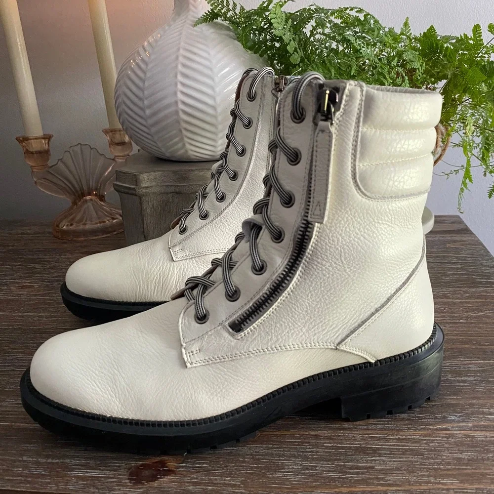 Aquatalia Laila Luxury‎ Waterproof Pebbled Leather Combat Boots Womens 8 White